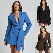 跨境西装裙2025欧美ins新款系带修身上衣长袖糖果色中长款外套女