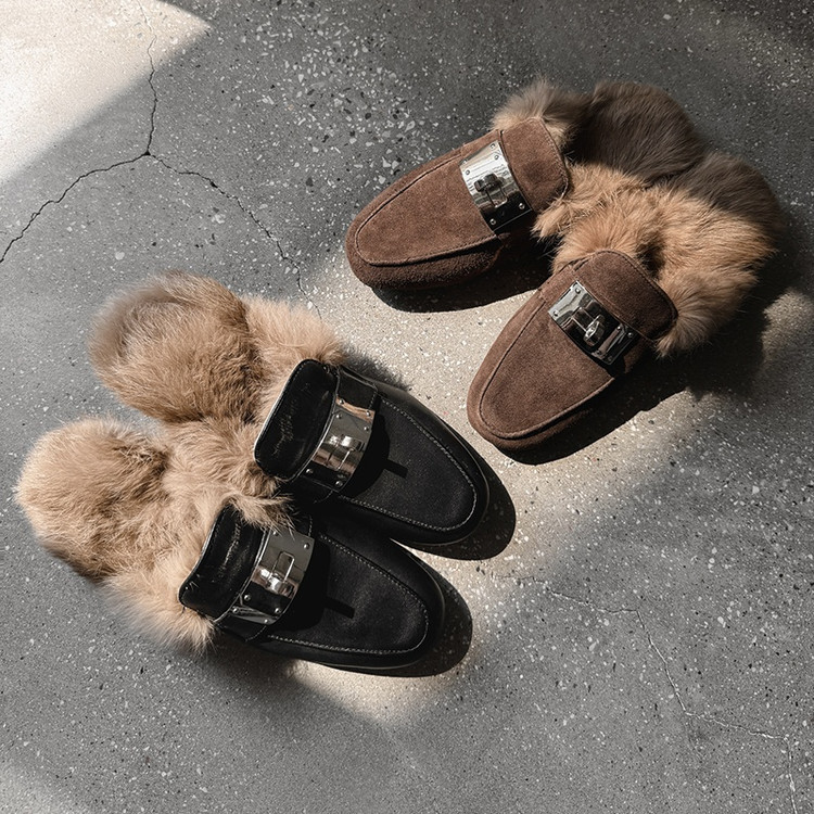 韩版金属扣加厚兔毛包头拖靴女外穿一脚蹬博肯鞋毛绒棉拖鞋秋冬