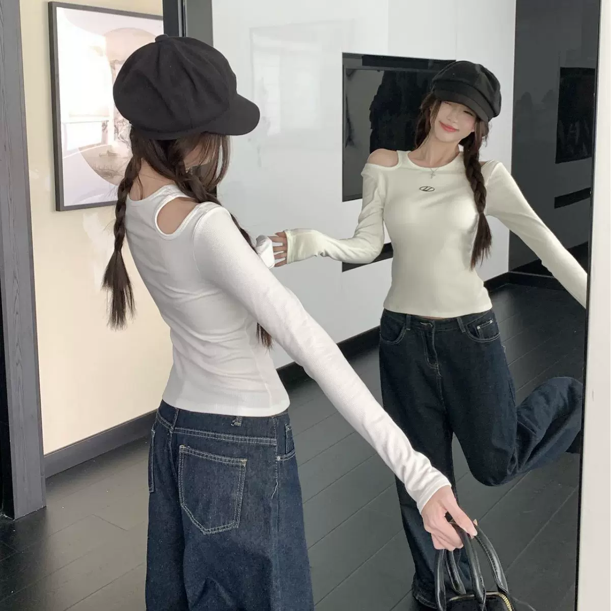 秋冬美式辣妹露肩保暖上衣女带胸垫百搭显瘦可外穿打底针织保暖衫