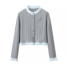 灰色假两件针织开衫女春秋2025新款设计感拼接小个子荷叶边短上衣