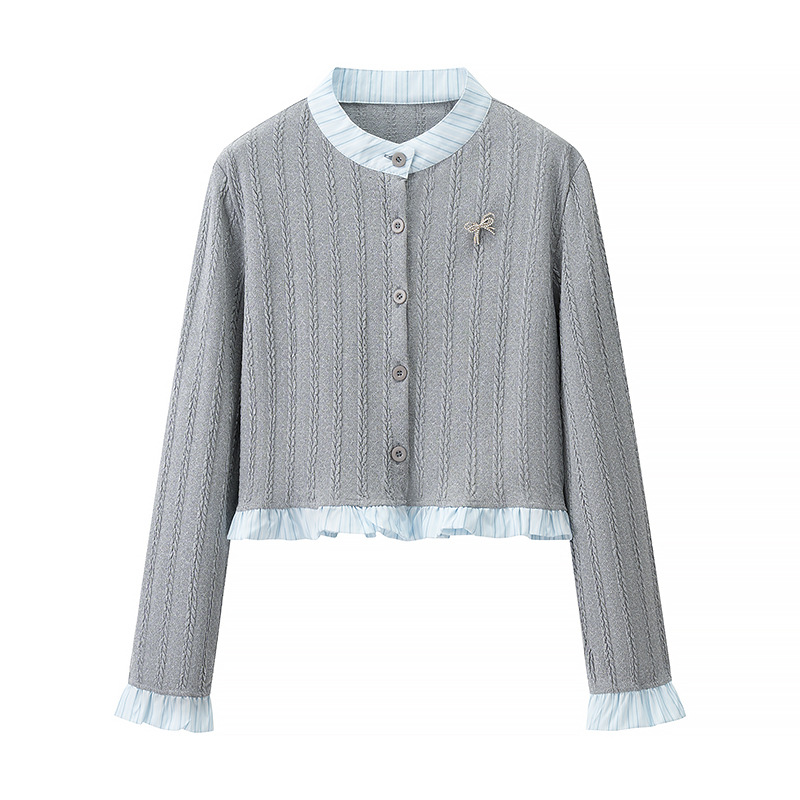 灰色假两件针织开衫女春秋2025新款设计感拼接小个子荷叶边短上衣