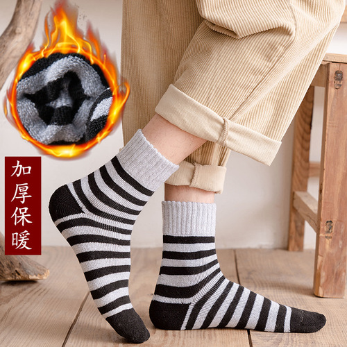 Men's Winter Fleece Lined Thick Warm Crew Socks Retro Men's Linked Towel Socks Mid-Calf Floor Socks Cotton Socks