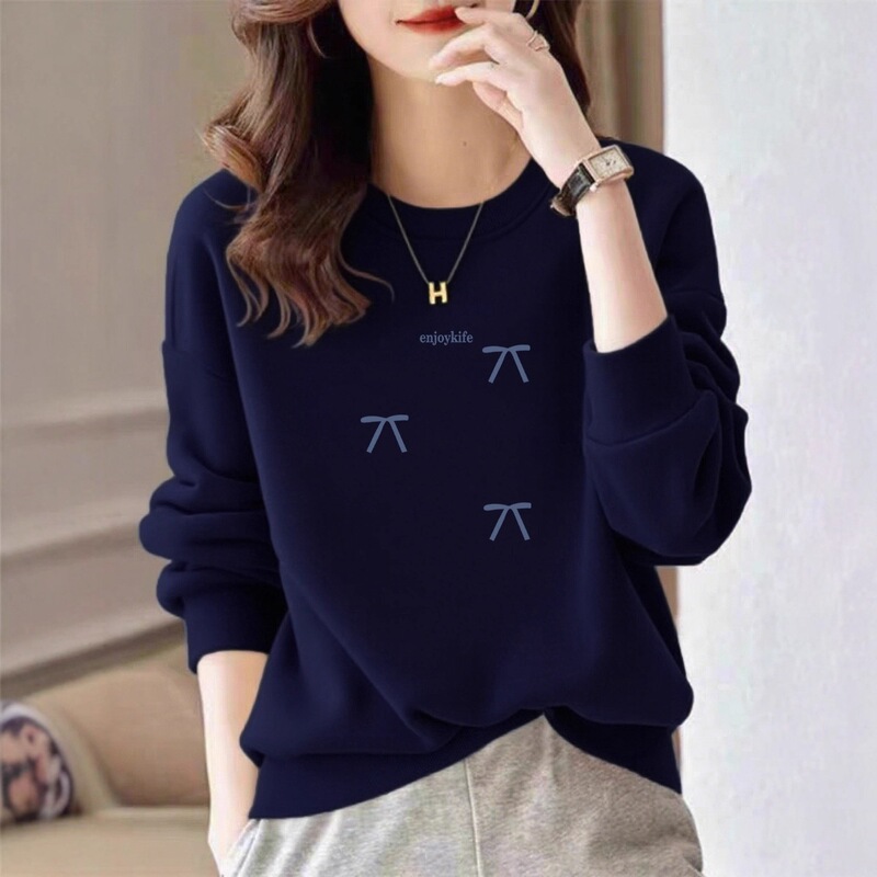 Navy blue hoodless women's fashion crew neck pullover sweatshirt 2026 spring, autumn, winter new style with printed design, loose fit