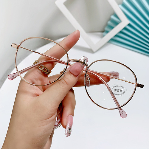 New round frame metal anti-blue light glasses frame for men, Korean style fashionable student finished myopia glasses for women, flat glasses frame