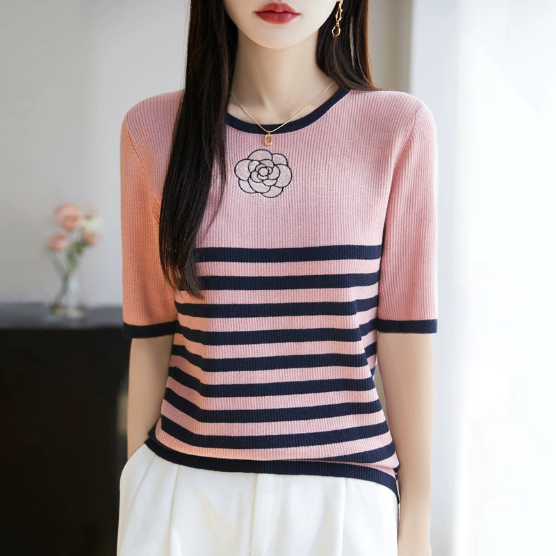 Woolen knitted sweater, summer short sleeve T-shirt, round collar, 25 years, flowered