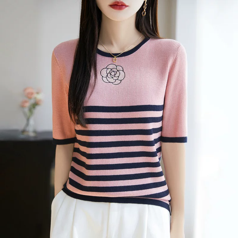 Woolen knitted sweater, summer short sleeve T-shirt, round collar, 25 years, flowered