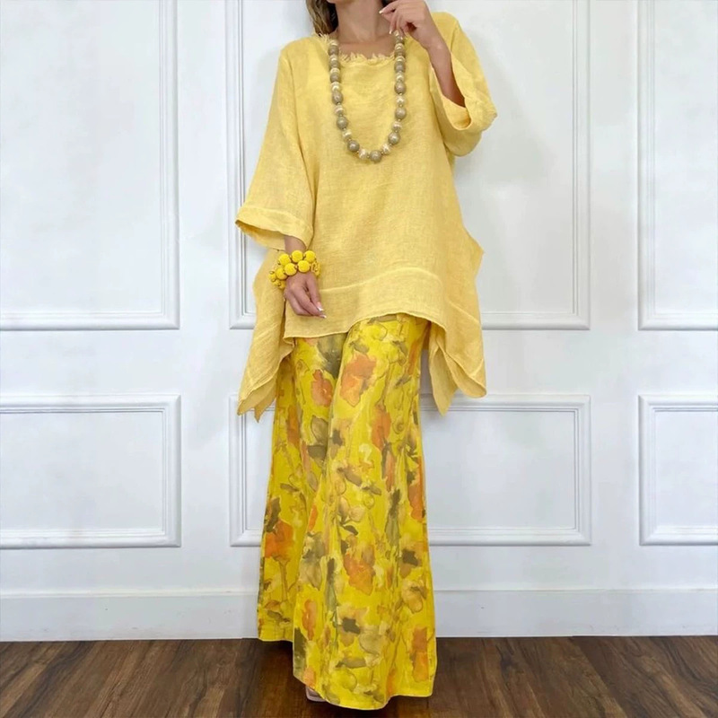 2026 European and American Independent Foreign Trade Cross-Border New Women's Casual Cotton-Linen Irregular Top and Wide-Leg Pants Set 2026 European and American Independent Foreign Trade Cross-Border New Women's Casual Cotton-Linen Irregular Top and Wide-Leg Pants Set