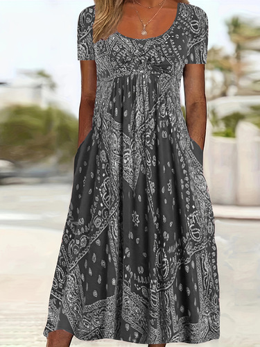 European and American summer new long dress, mid-waist, short-sleeved round neck, retro printed, comfortable casual style pullover long dress