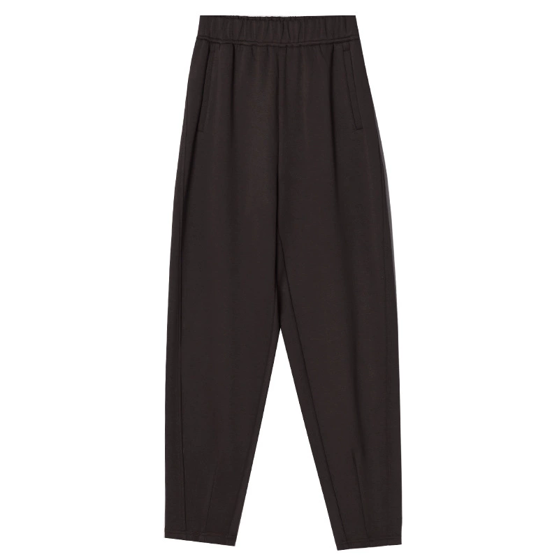Autumn warm coffee trousers for leisure, fitted, loose fit, high waist