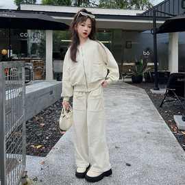 女童休闲直筒裤套装中大童春秋新款高级感气质拉链外套上衣两件套