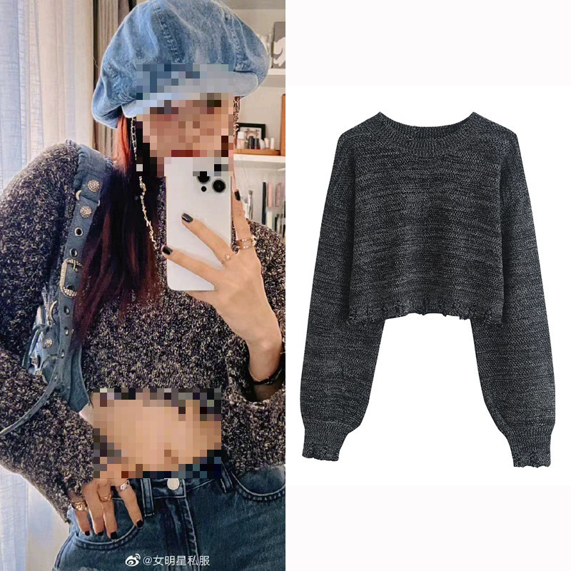 现货 徐璐明星同款春秋慵懒风套头宽松短款圆领毛衣外套上衣女
