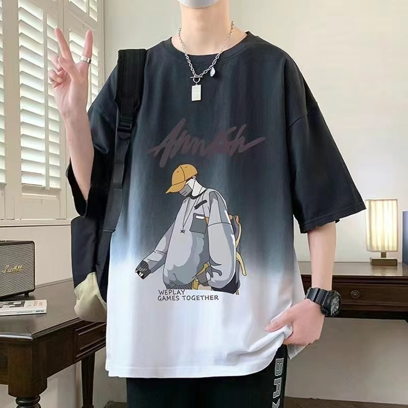 2025夏季新款男士青少年休闲帅气潮流阔版短袖T恤渐变色初高中生|undefined