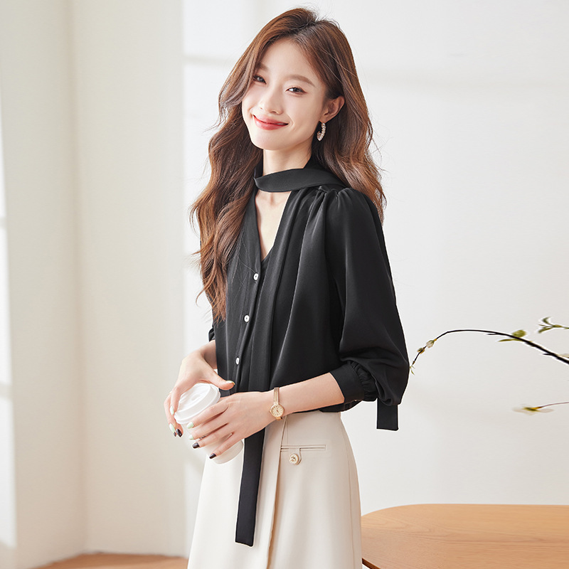 Ribbon Shirt Women's Bow 2024 New Spring and Autumn Elegant Strap Shirt Early Autumn Chiffon V-neck Top High-end