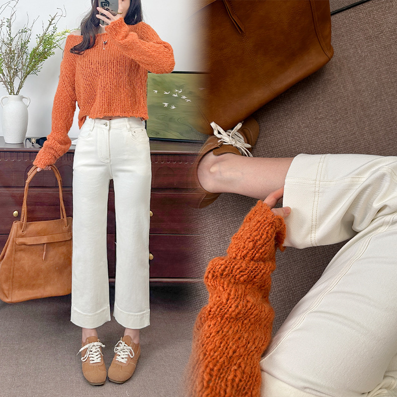 Petite Straight-Leg Jeans Korean Style Cropped Stretch Fabric Embroidered High-Waisted Wholesale Casual Versatile