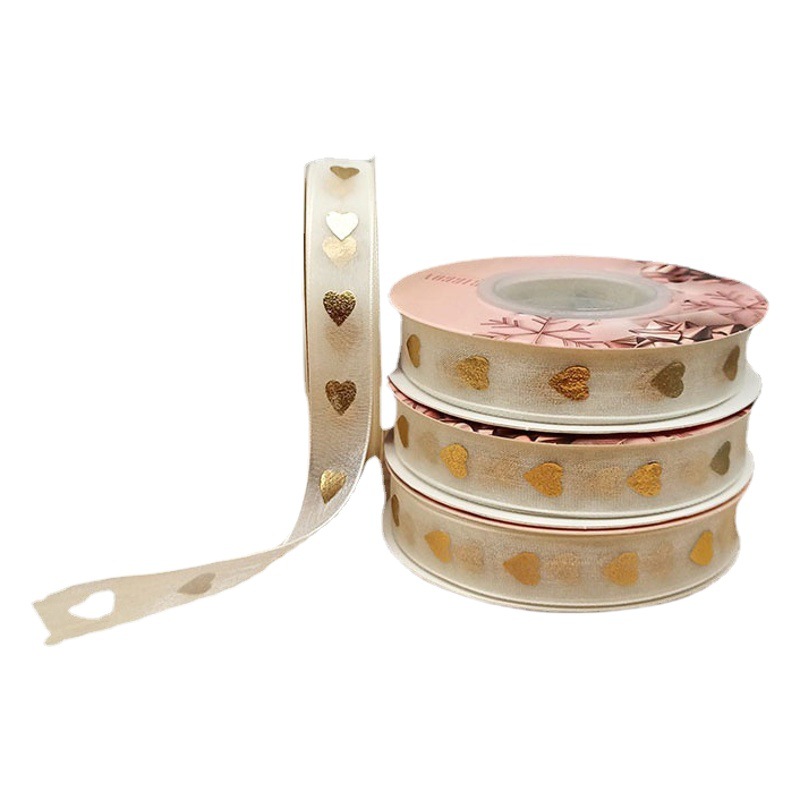 Venta caliente INS estilo arroz nieve blanco dorado cinta organza transparente en forma de corazón Carta inglesa embalaje cinta al por mayor