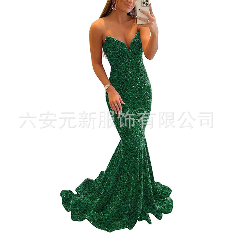 Europeo y americano Comercio exterior Amazon nuevo lentejuelas fishtail sexy V-cuello adelgazamiento largo banquete bola fiesta vestido de noche image 12