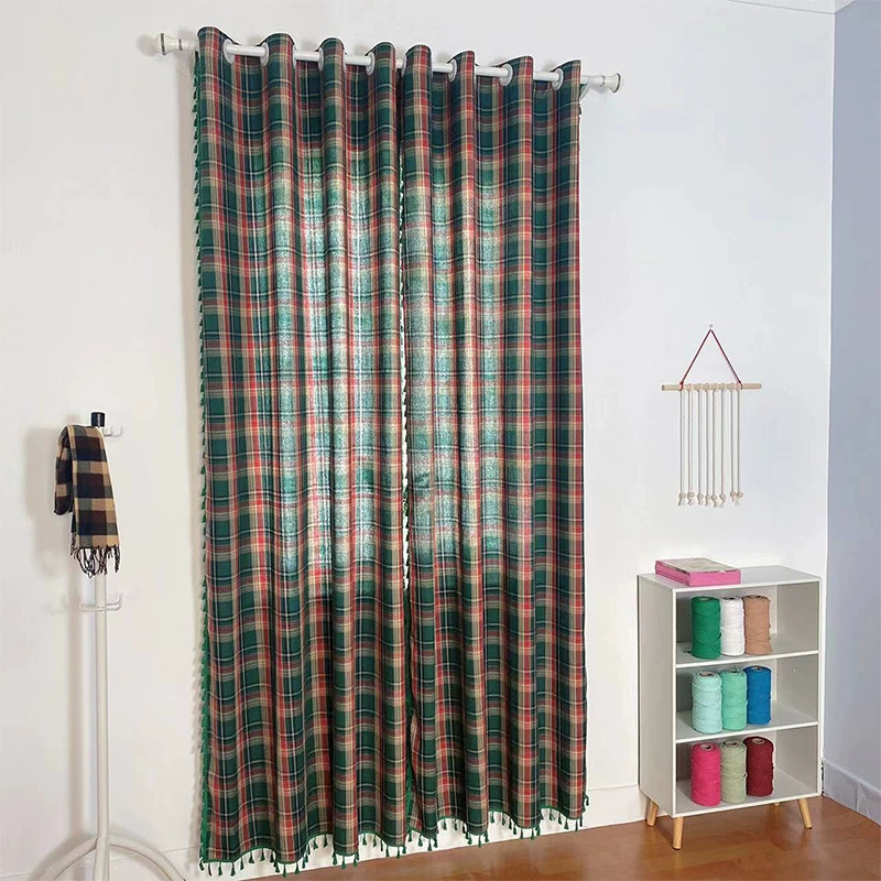 Американский трикотажный зеленый клетчатый готовый штор зеленая кисточка гостиная кухня балкон полузатененный напольный крючок и т. д.
