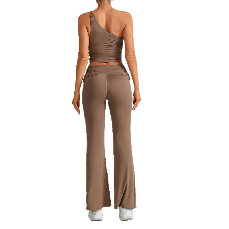Traje de yoga transfronterizo europeo y americano, top irregular de un solo hombro para mujer, deportes, fitness, caderas, pantalones anchos, pantalones micro