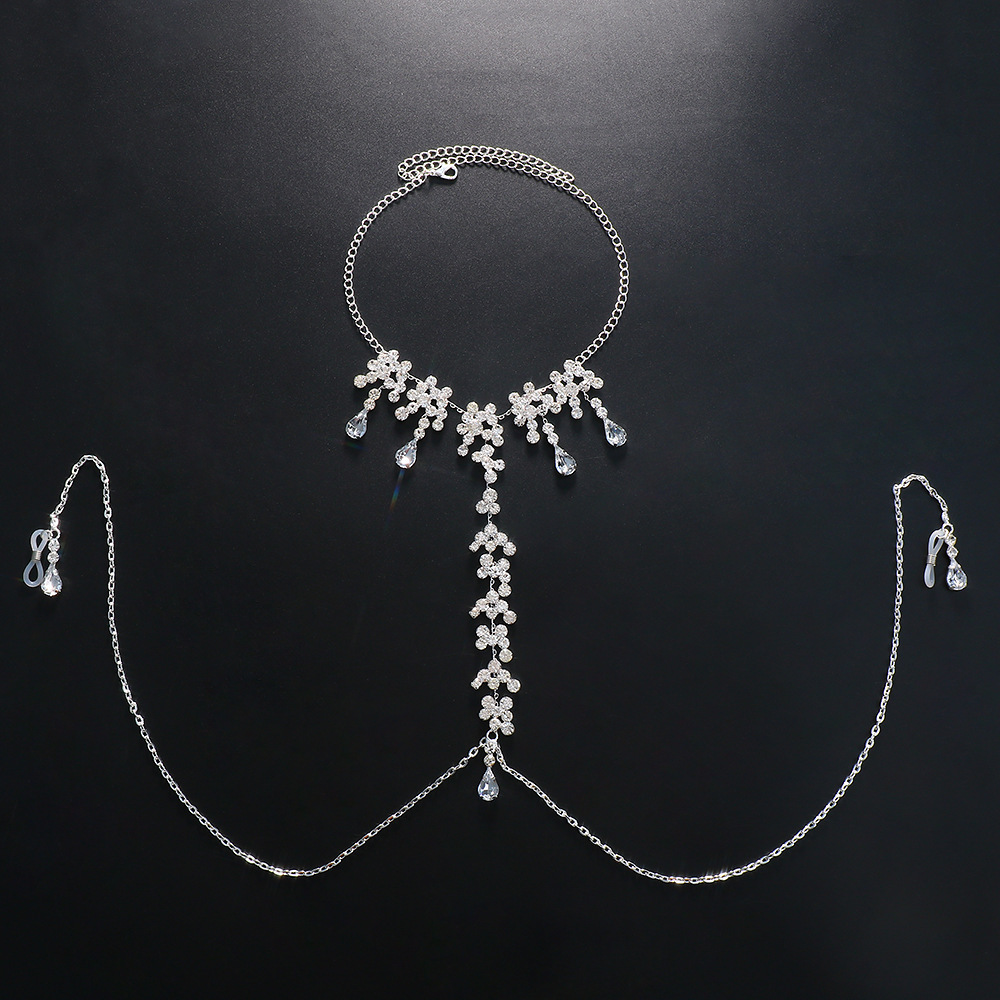 Cadena de pecho de diamantes de imitación de Venta caliente transfronteriza europea y americana sexy Halter gota de agua colgante Cadena de pecho accesorios cadena del cuerpo