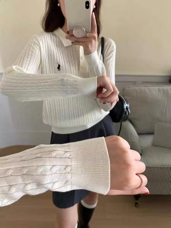 蚕丝羊毛POLO小马刺绣针织打底衫女秋冬复古修身长袖麻花翻领毛衣|undefined