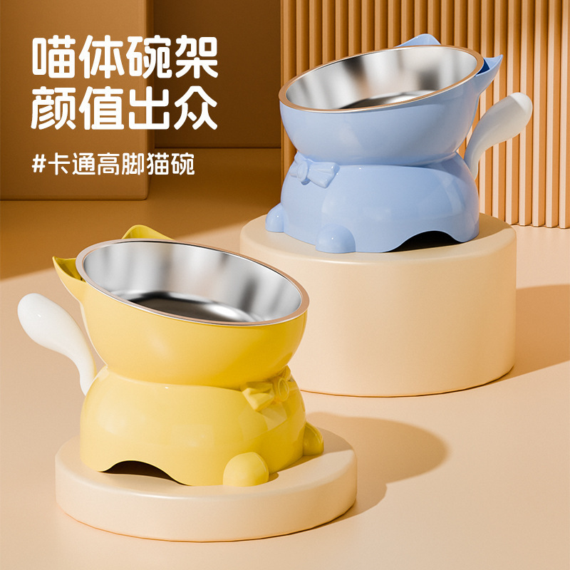 Cat Bowl with Slanted Mouth and Neck Protection, Cat Food Bowl with Feet, Cat Rice Bowl and Water Bowl, Anti-Knock over Slanted Mouth Cat Bowl, Stainless Steel Cat Bowl