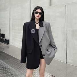 小众设计感不规则拼色西装外套女春秋新款高级气质垫肩西服上衣潮