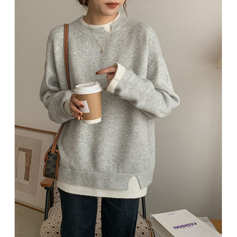 Japanese Style Lazy Style Retro Stitching Sweater Women's Split Fake Two-piece Pullover New Style Lazy Style Loose Knitted Top