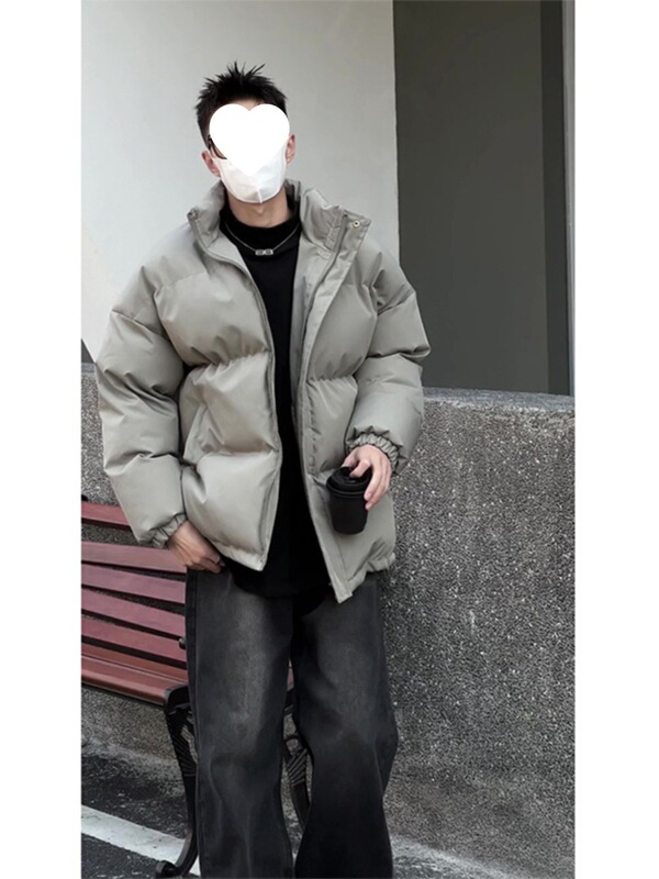 2024 Winter Men's Gray Green Stand Collar Thickened Windproof Warm Casual Bread Jacket Men's down Jacket