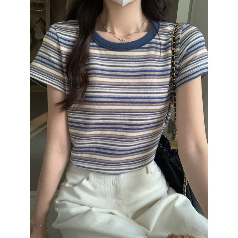 Реальный снимок, реальная цена, 180 г, футболка из чистого хлопка в полоску с короткими рукавами, женская короткая облегающая футболка с круглым вырезом на правое плечо, женская одежда в корейском стиле