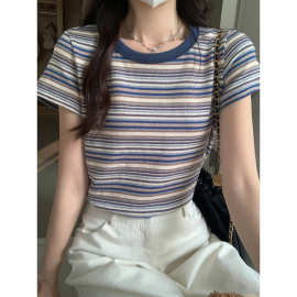实拍实价 180克纯棉条纹短袖T恤女短款修身正肩圆领上衣韩版女装