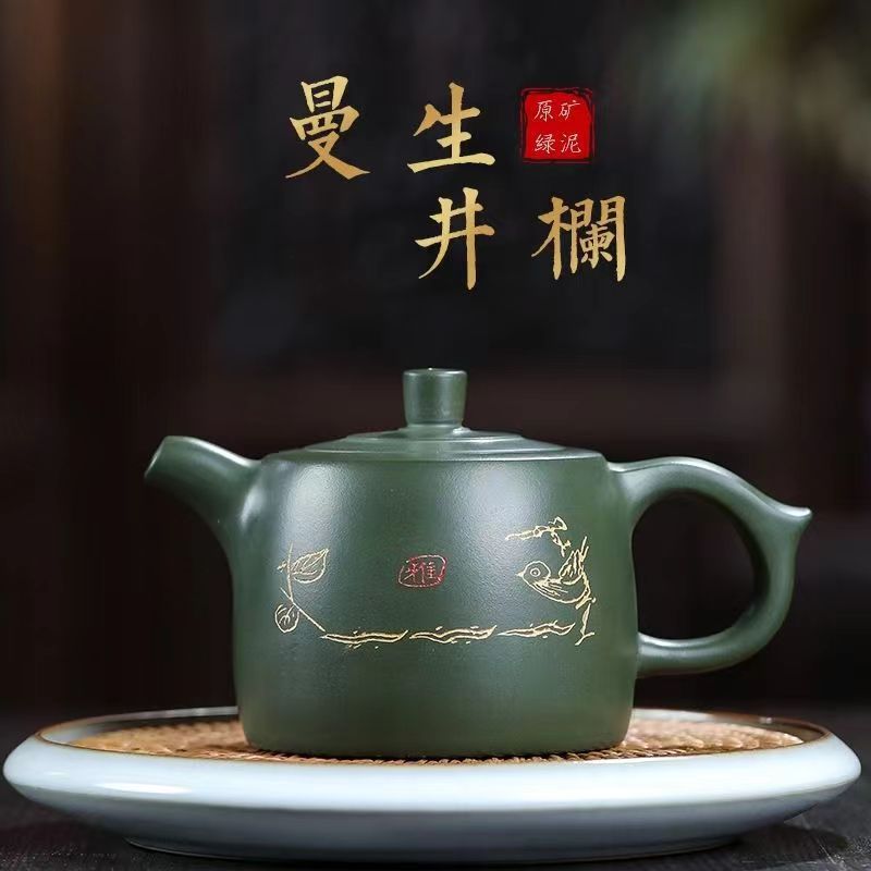 正宗宜兴紫砂壶原矿陈腐民国绿泥刻绘鸟趣井栏壶茶壶茶具功夫茶