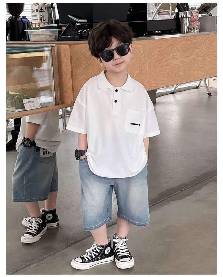 New 2024 Summer boys' polo shirt embroidered fish waistcoat short sleeve casual style summer refreshing handsome top