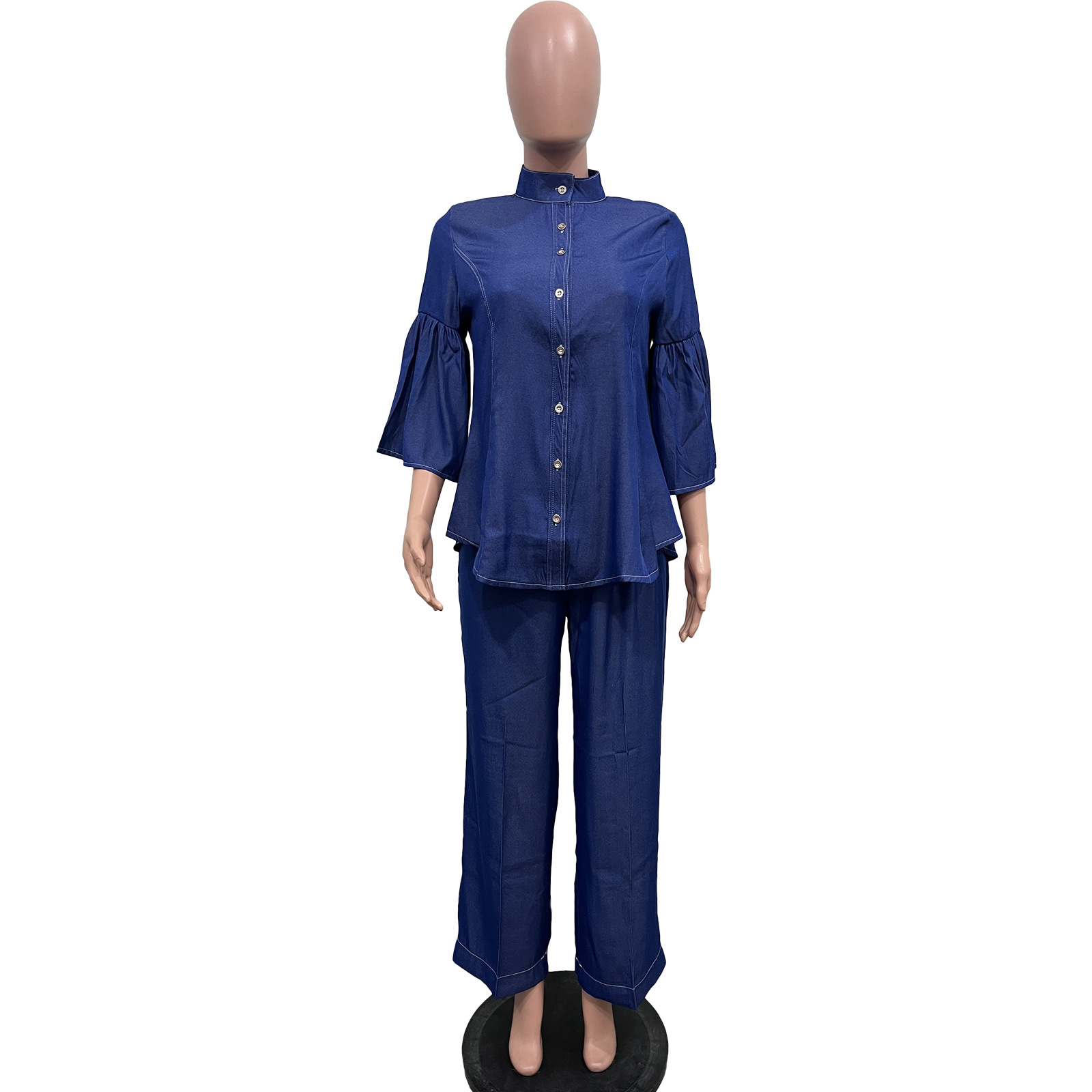 Women's Denim High-neck Studded Shorts Set Solid Colour Casual_voghion.com
