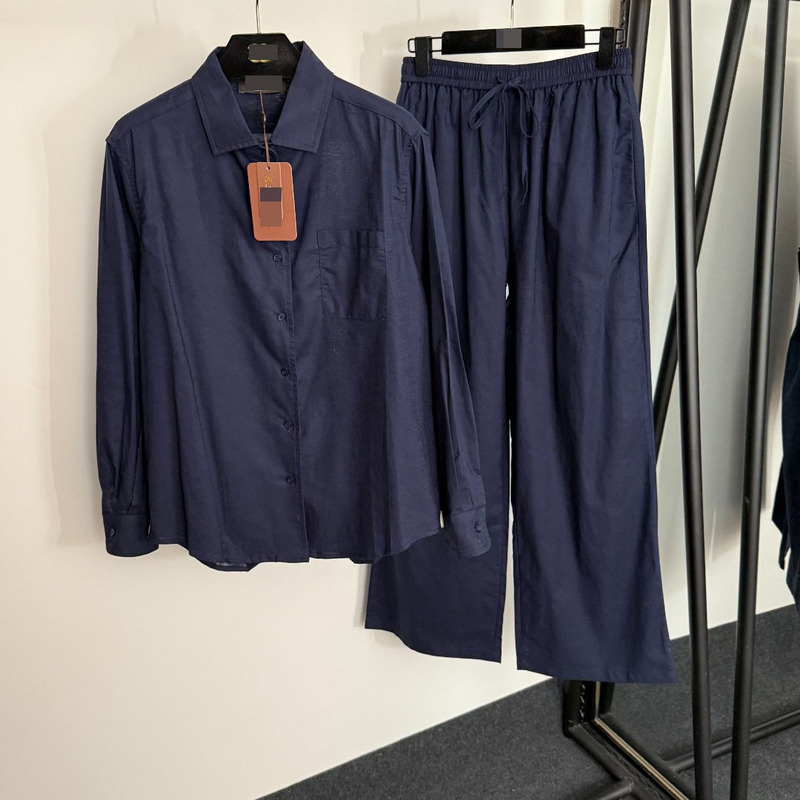 Summer Linen Suit with Logo Patch on the Side, Pure Color Simple Single Flap Pocket Pants Long-Sleeved Shirt + Elastic Waist Wide-Leg Pants