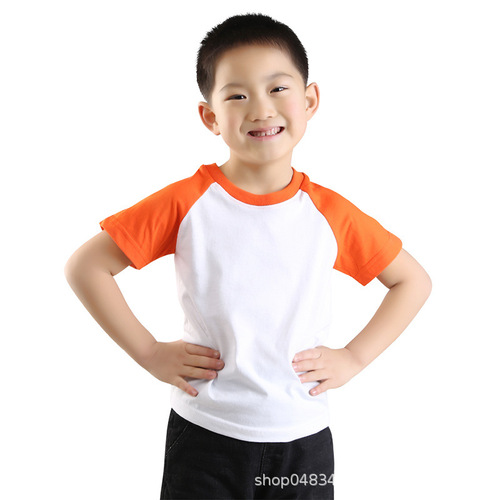 儿童插肩袖t恤衫圆领短袖运动男童女童打底衫夏款精梳棉纯色半袖