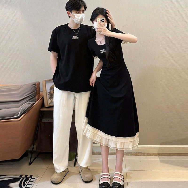 [Комплект из двух предметов] Новая одежда для пар в китайском стиле, летнее черное платье-двойка в китайском стиле с короткими рукавами и квадратным воротником в стиле ретро