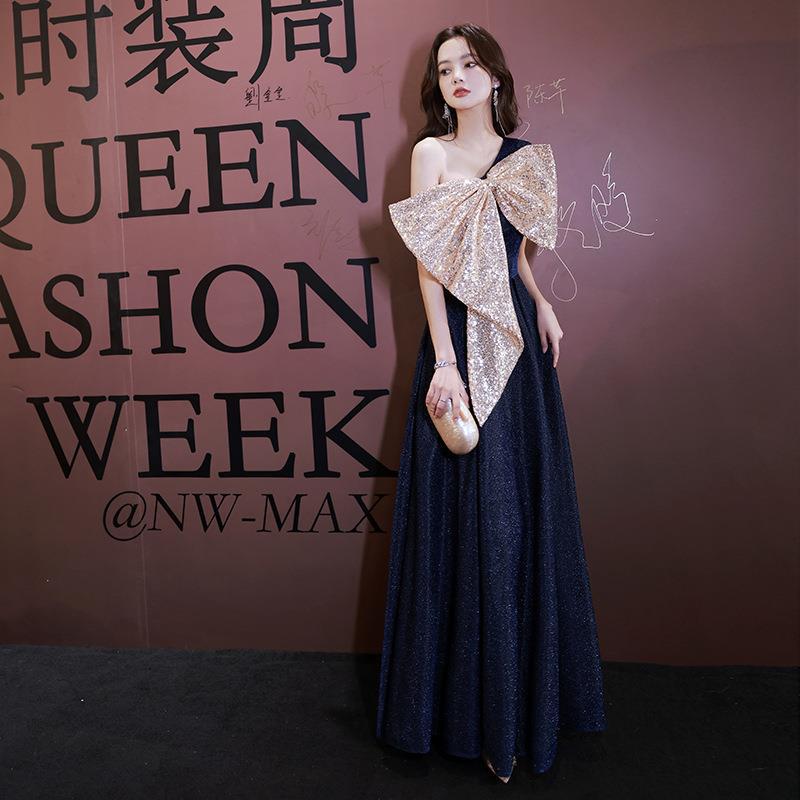 Vestido de noche azul marino para mujer 2025, nuevo, sexy, con lazo, para banquete, elegante, para anfitriona, reunión anual