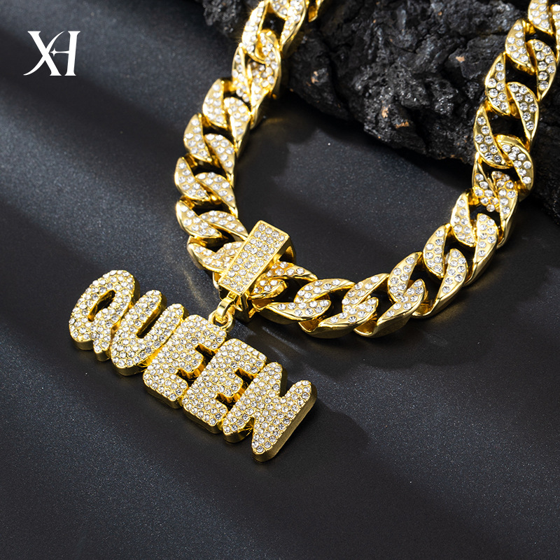 New full diamond Cuban chain splicing letter love pendant hip-hop street culture trendy men's necklace_voghion.com