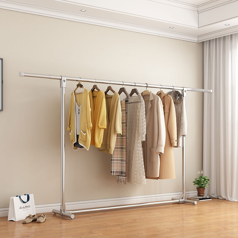 Outdoor foldable telescopic stainless steel single-bar floor-standing clothes rack, indoor zinc alloy clothes rack, factory direct supply
