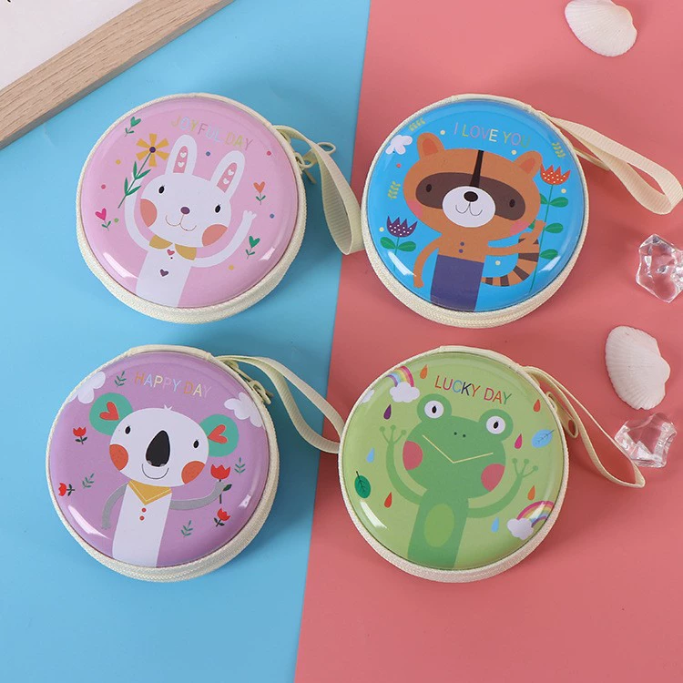Round tinplate coin purse, zipper with chain, cartoon print, compact 7×7×3 cm