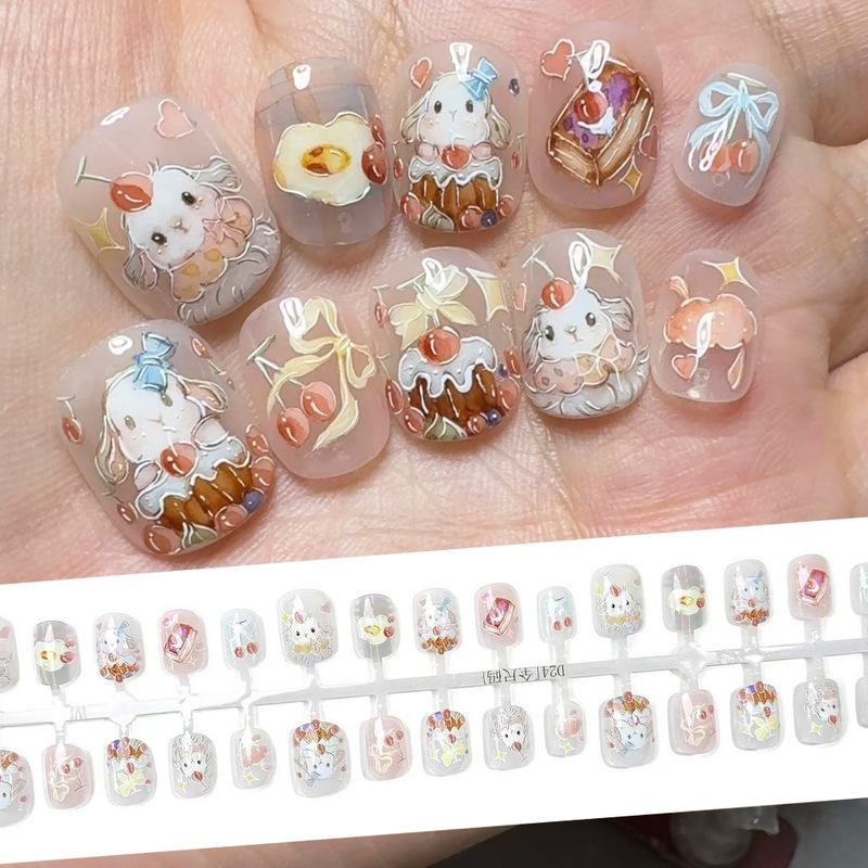 Rabbit Cake Bean Nail Cute Playful Wearable Nail Korean Style Girl Ins Popular Watercolor Nail Sticker Transparent