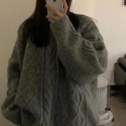 韩系慵懒风圆领简约纯色毛衣女宽松休闲混纺加厚中长款针织长袖|undefined