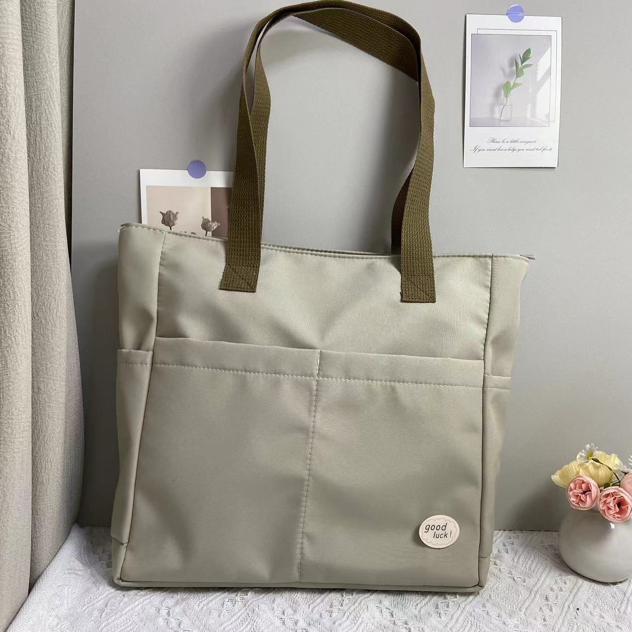 Diseño original bolso de tote de lona gruesa con cremallera japonesa para viajeros, bolso de hombro simple para estudiantes de arte informal