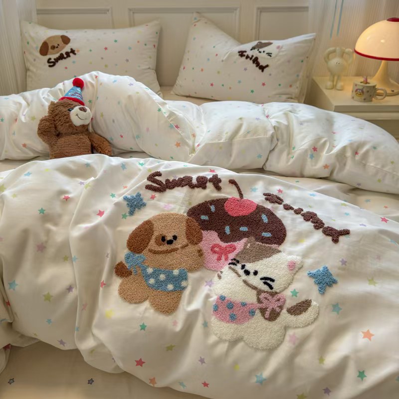 2025 New Style 100 All Cotton Towel Embroidered Four-piece Set Girl's Pure Cotton Cartoon Quilt Cover Three-piece Bedding