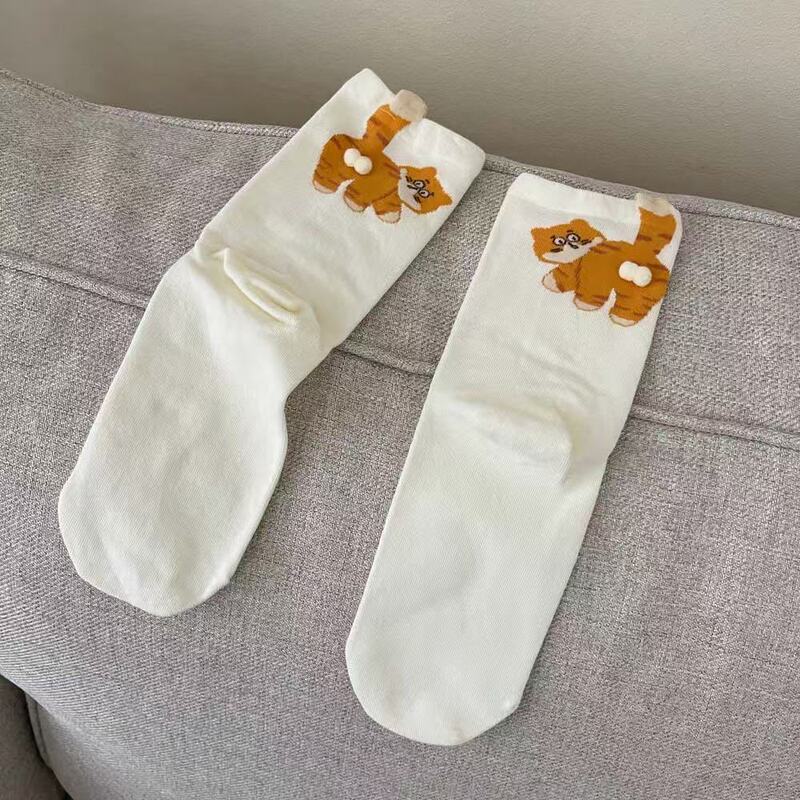 现货小红书白色卡通猫咪叮叮当蛋蛋袜子女夏季ins可爱搞怪中筒袜|undefined