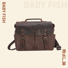 男士邮差包跨境复古油蜡帆布包配疯马皮男士单肩包公文包批发