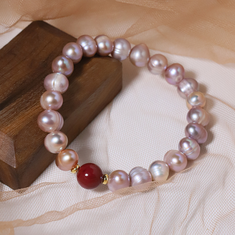 Nuevo agua dulce natural púrpura perla rojo camuflado pulsera cuerda elástica alta sensación de moda brazalete universal joyas