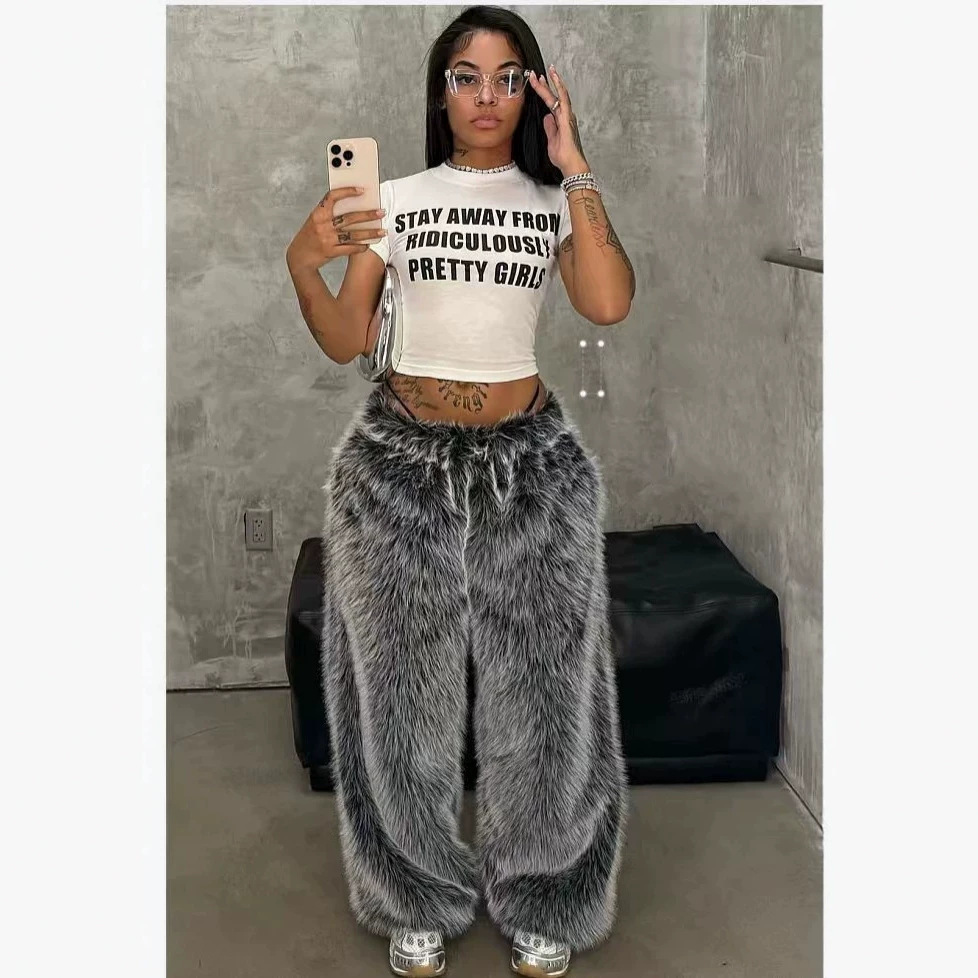 European and American cross-border fur pants, American retro street style, sexy print, loose-fitting, floor-length casual pants, cotton pants, women's faux fur