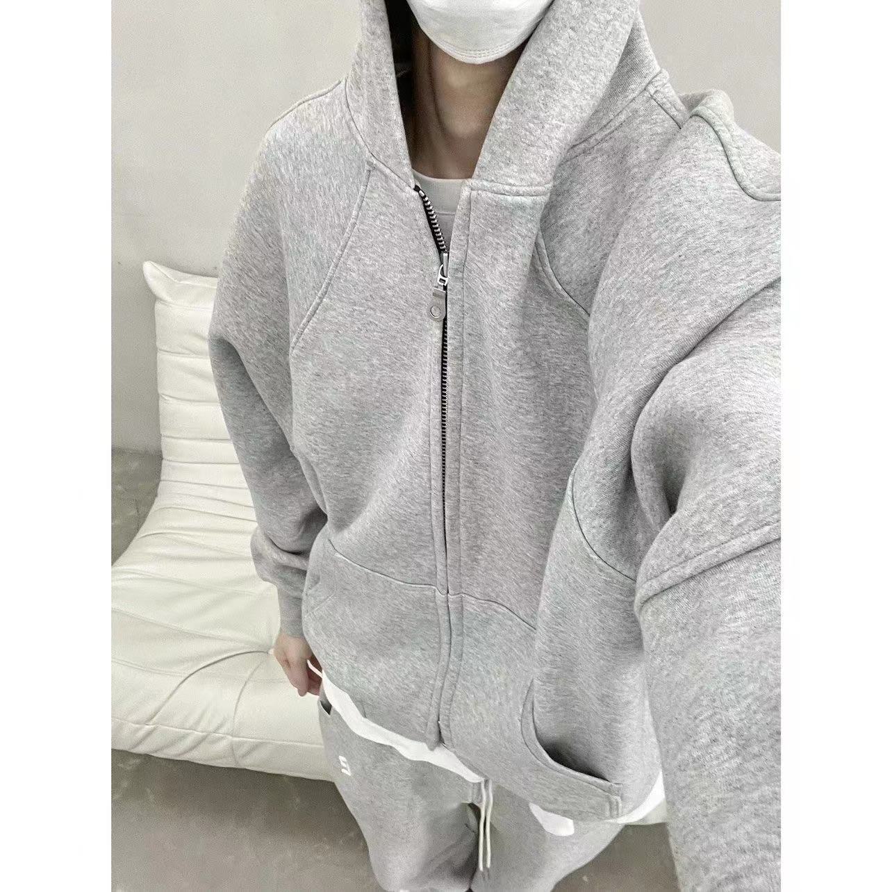 Unisex Loose Hooded Sweatshirt Jacket Solid Colour Autumn Winter_voghion.com