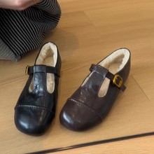软皮版~复古T字扣带玛丽珍女鞋加绒单鞋小皮鞋保暖平底棉鞋豆豆鞋
